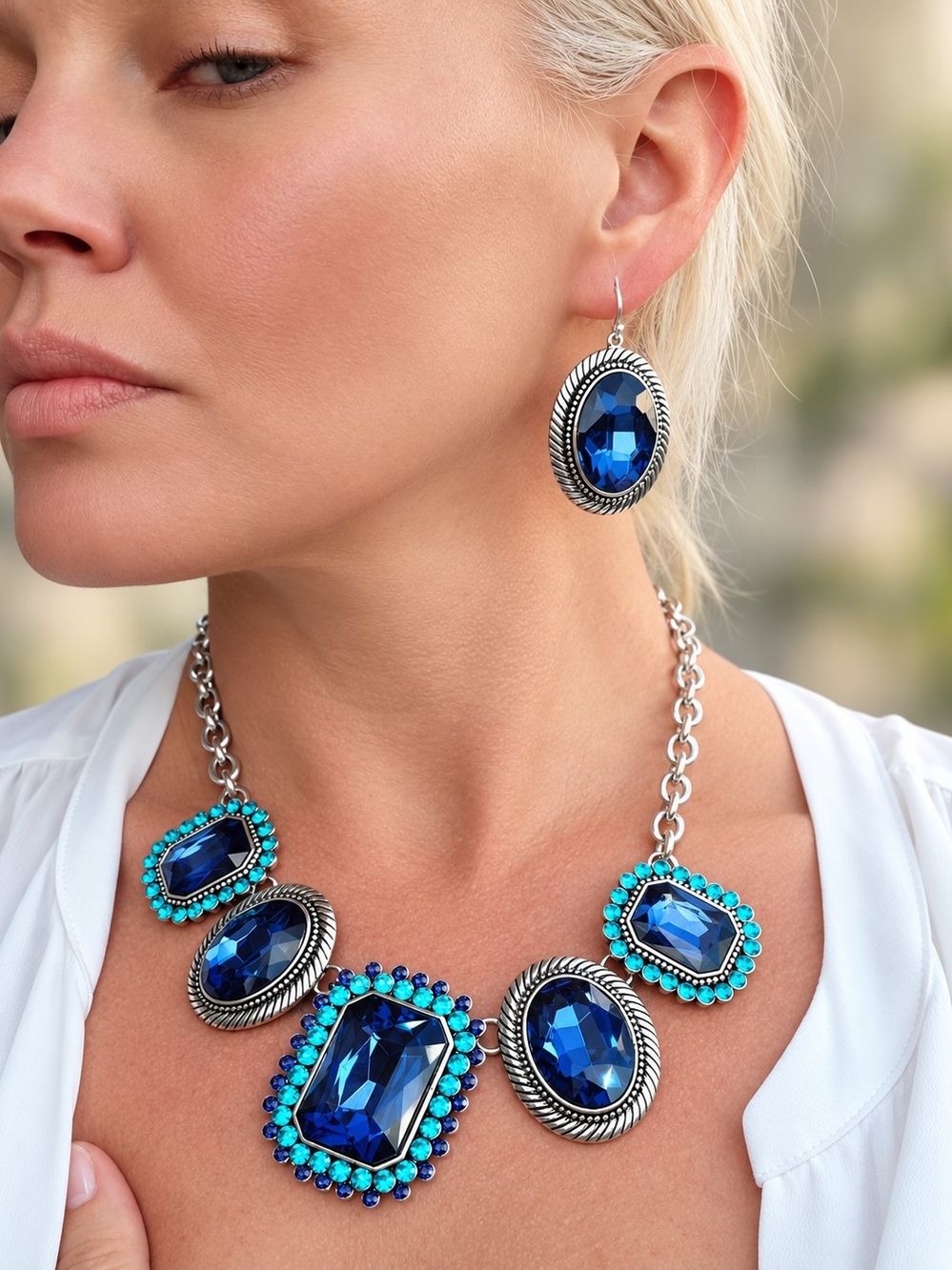 Sterling-Effect Blue Crystal Statement Necklace & Earrings Set